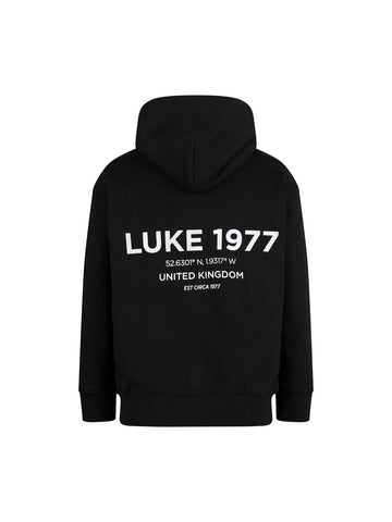 Boy's black overhead hoodie with back print, back view with print
