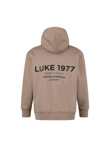 Boy's brown overhead hoodie with back print, back view with print