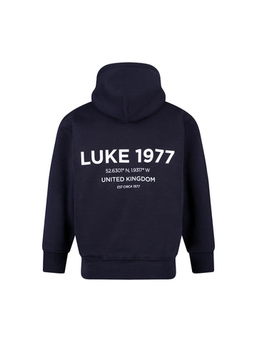 Boy's navy hoodie with cotton and printed, front view