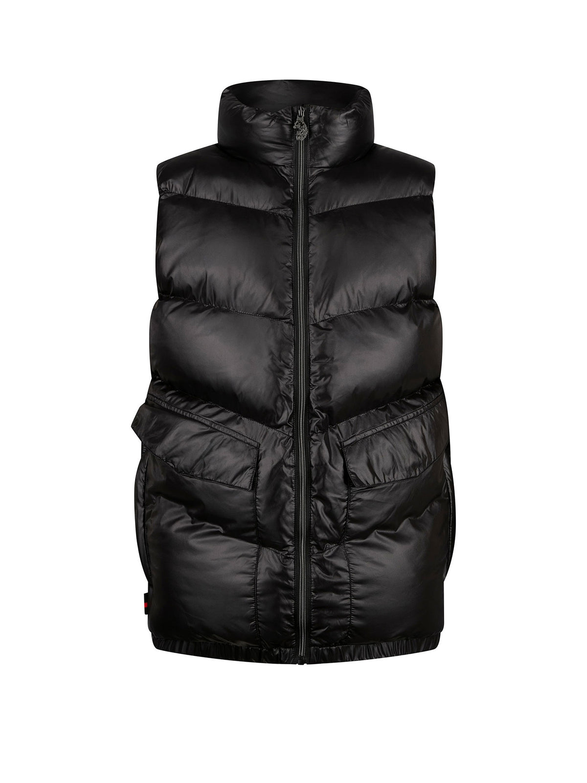 A black puffer vest with a high collar and front zipper, shown against a plain white background.