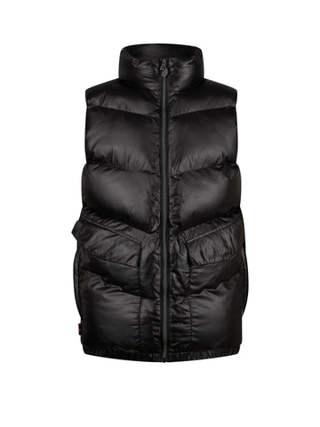 A black puffer vest with a high collar and front zipper, shown against a plain white background.
