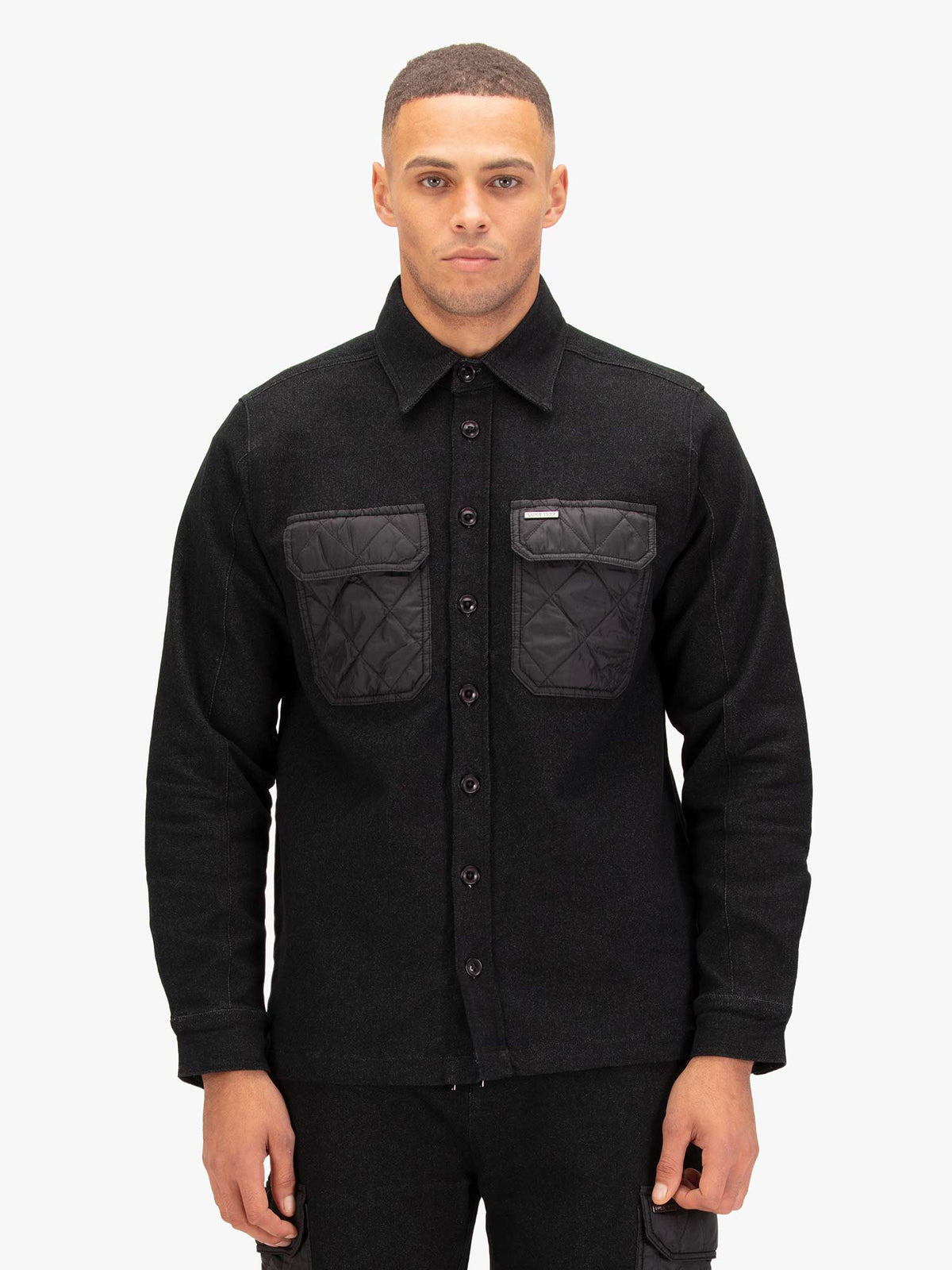 Down Long Sleeve Shirt With Quilted Pocket - Black