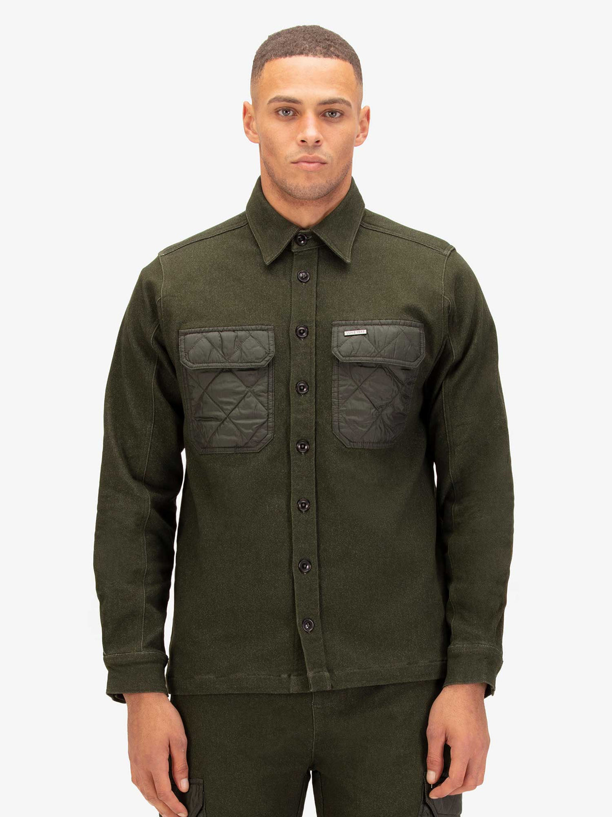 Down Long Sleeve Shirt With Quilted Pocket - Dark Green