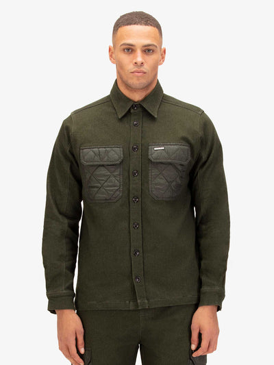 Down Long Sleeve Shirt With Quilted Pocket - Dark Green