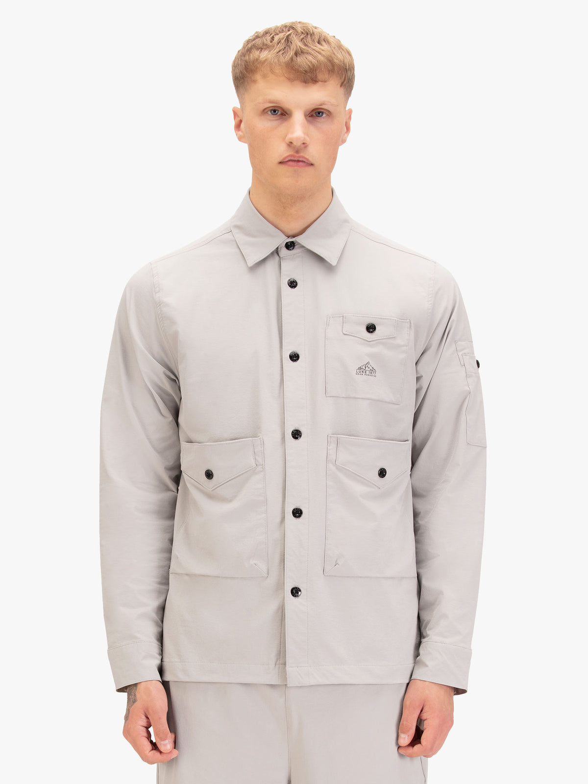 Men's grey shirt with button-up front.