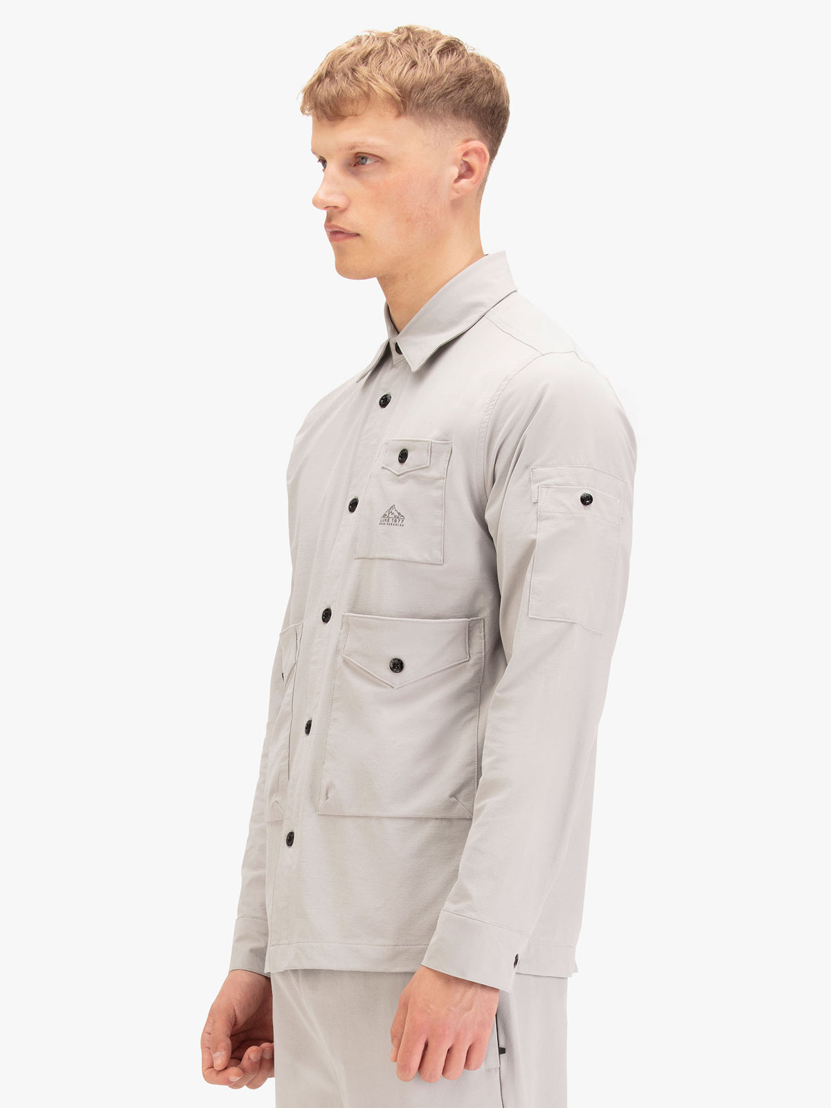 Men's grey shirt with button-up front.
