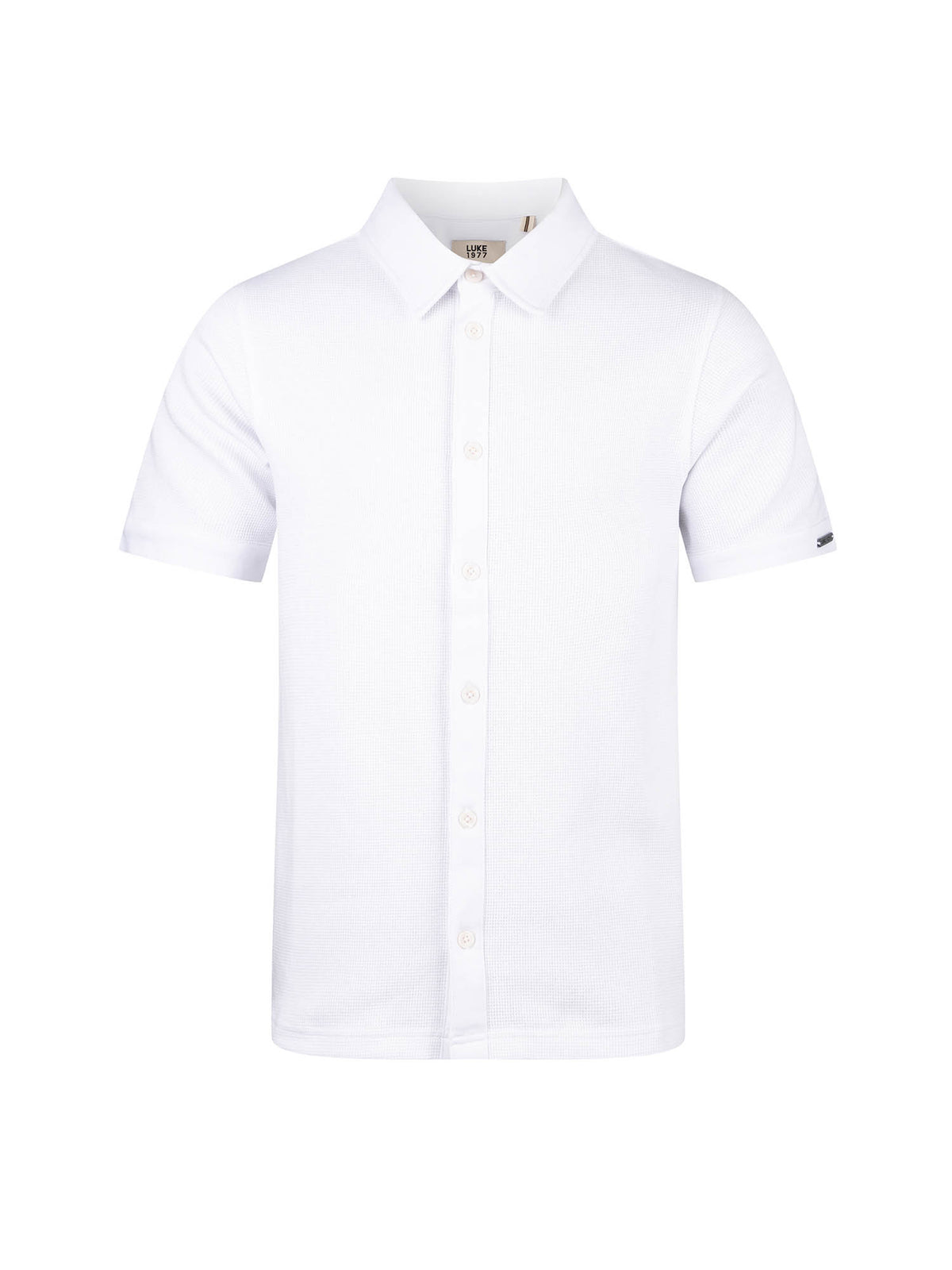 Men's white polo shirt with polo collar.