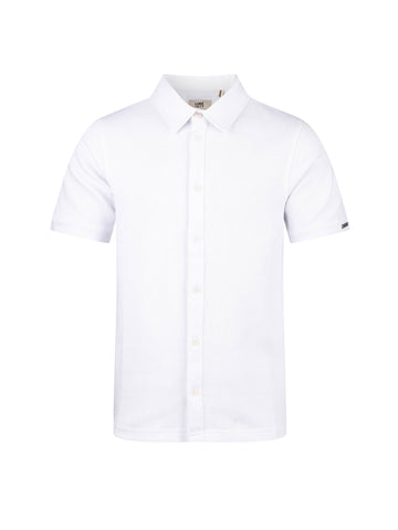 Men's white polo shirt with polo collar.