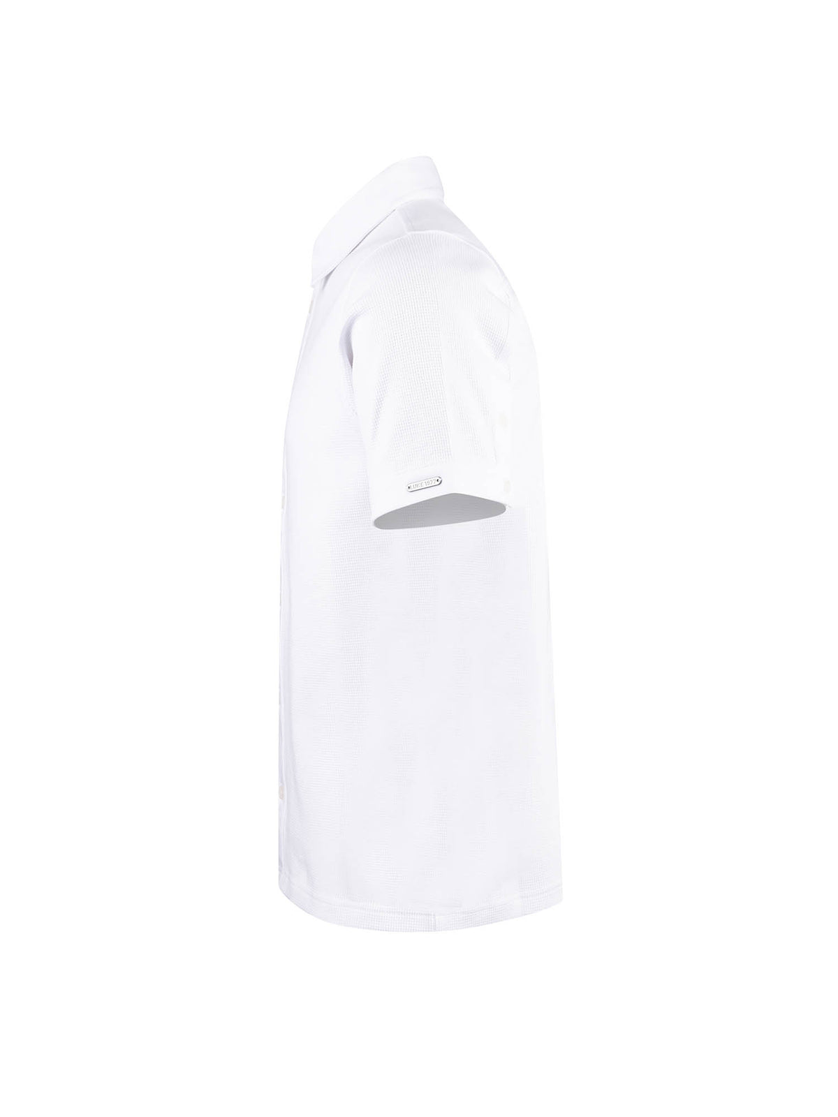 Men's white polo shirt with polo collar.