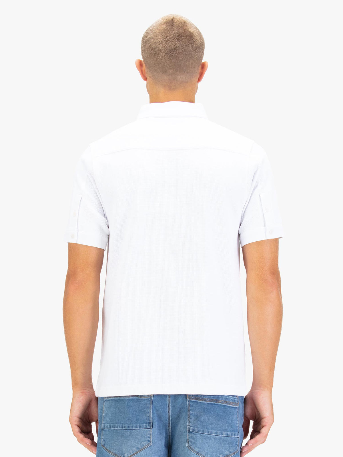 Men's white polo shirt with polo collar.