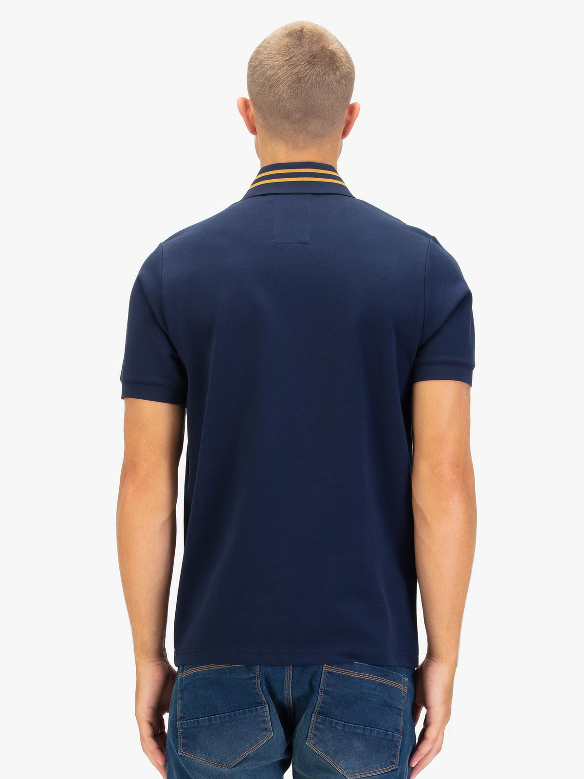 Men's navy polo shirt with polo collar.