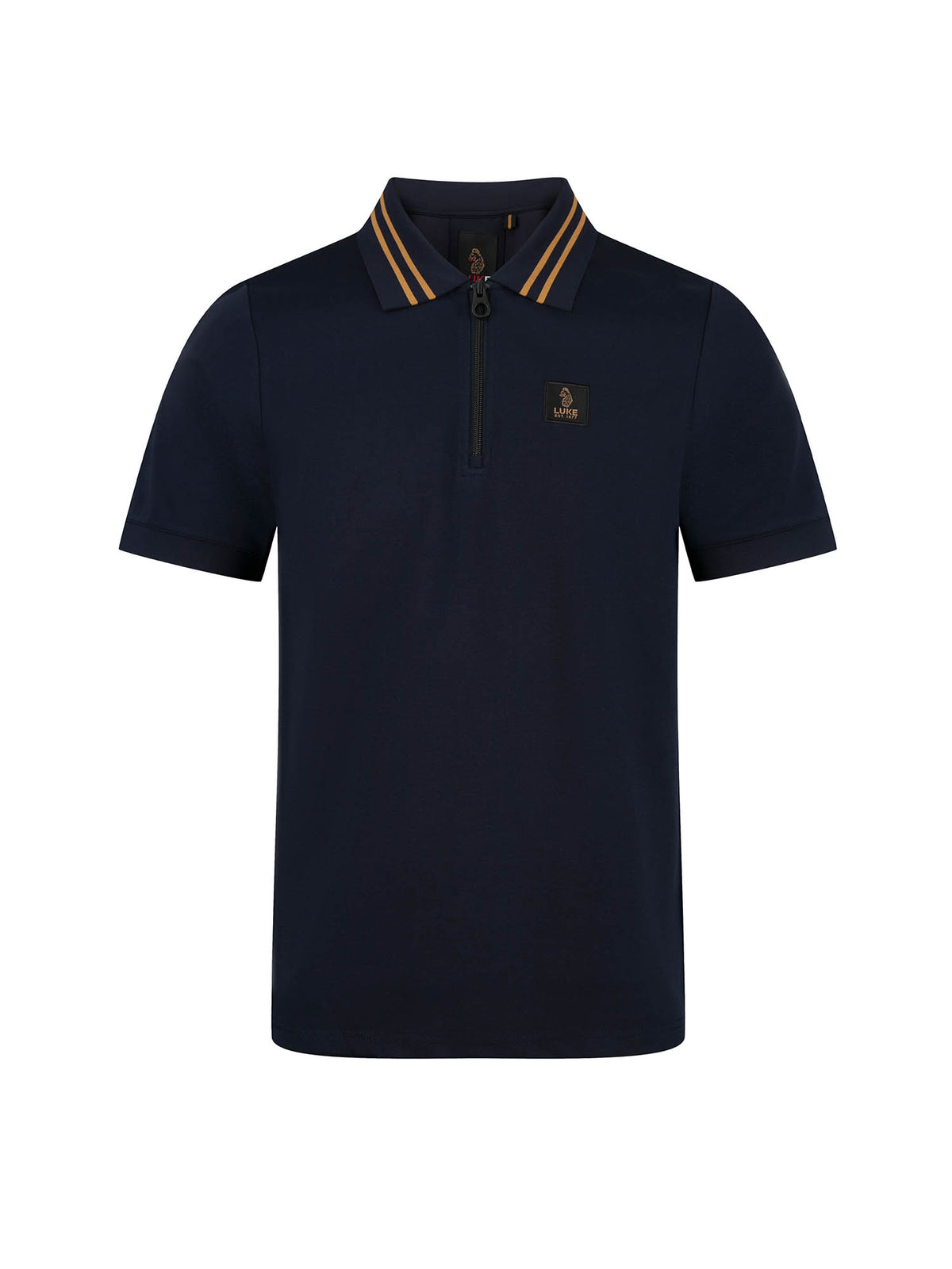 Men's navy polo shirt with polo collar.