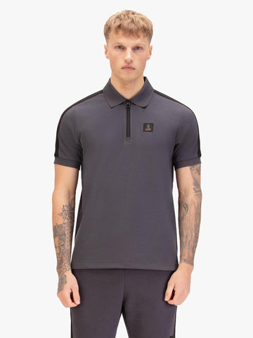 Men's grey polo shirt with polo collar, front view