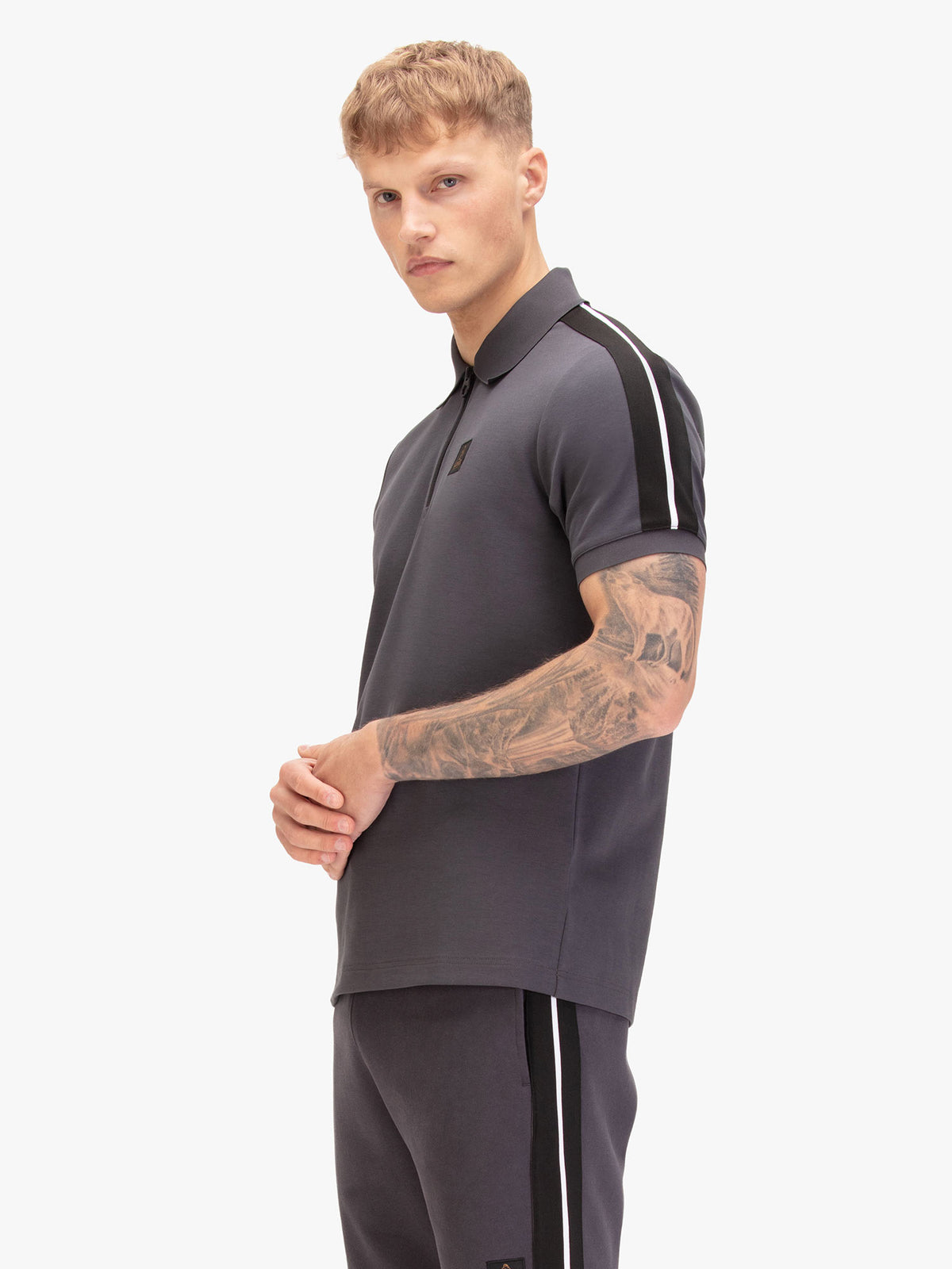 Men's grey polo shirt with polo collar, back view