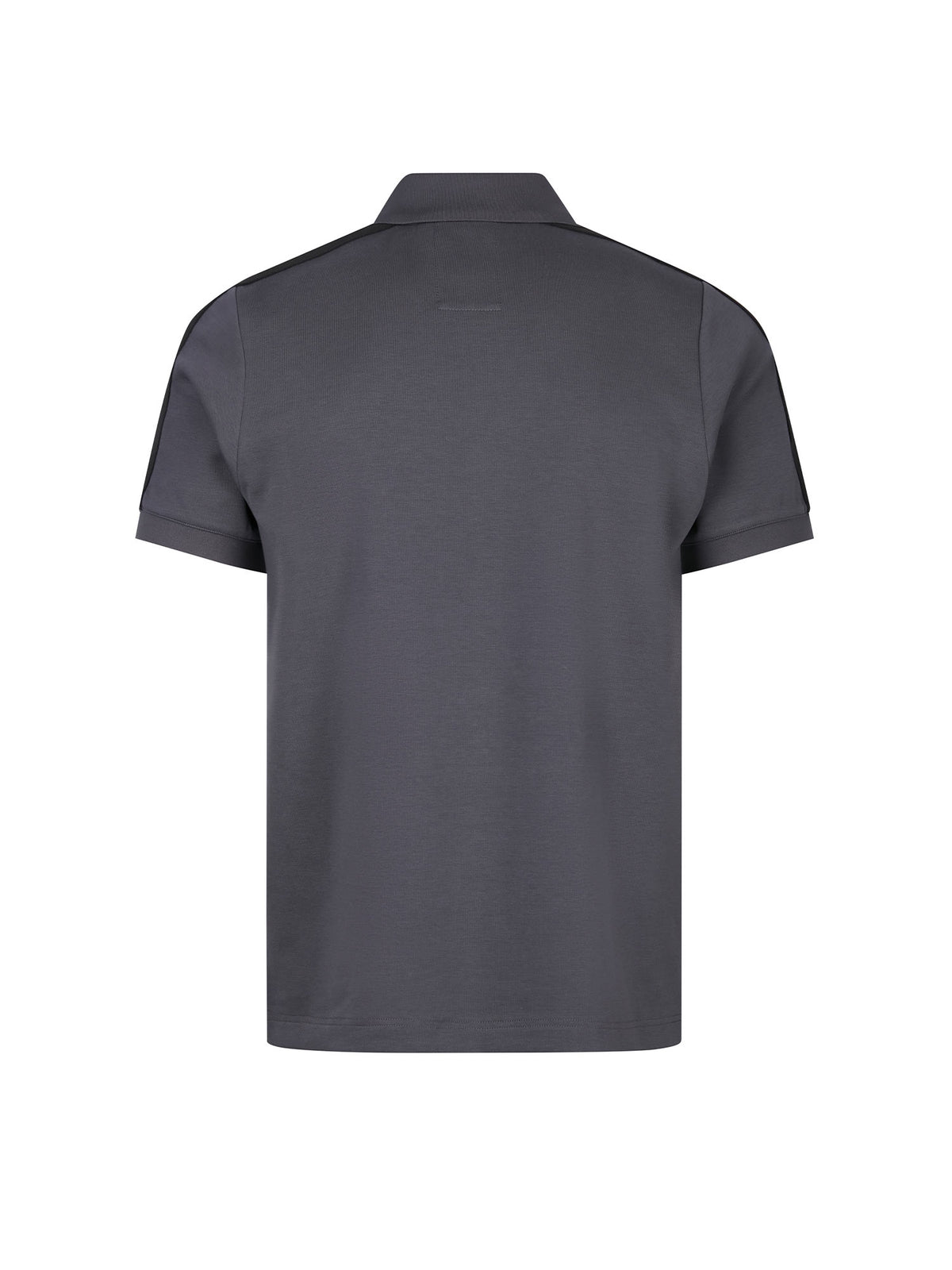 Men's grey polo shirt with polo collar, detail view