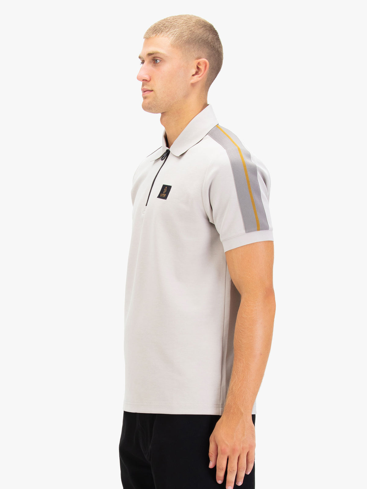 Men's grey polo shirt with polo collar.
