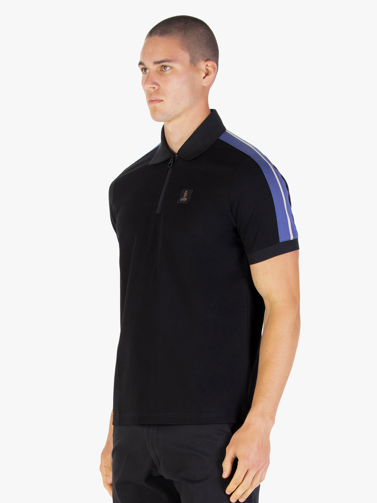 Men's black polo shirt with polo collar.