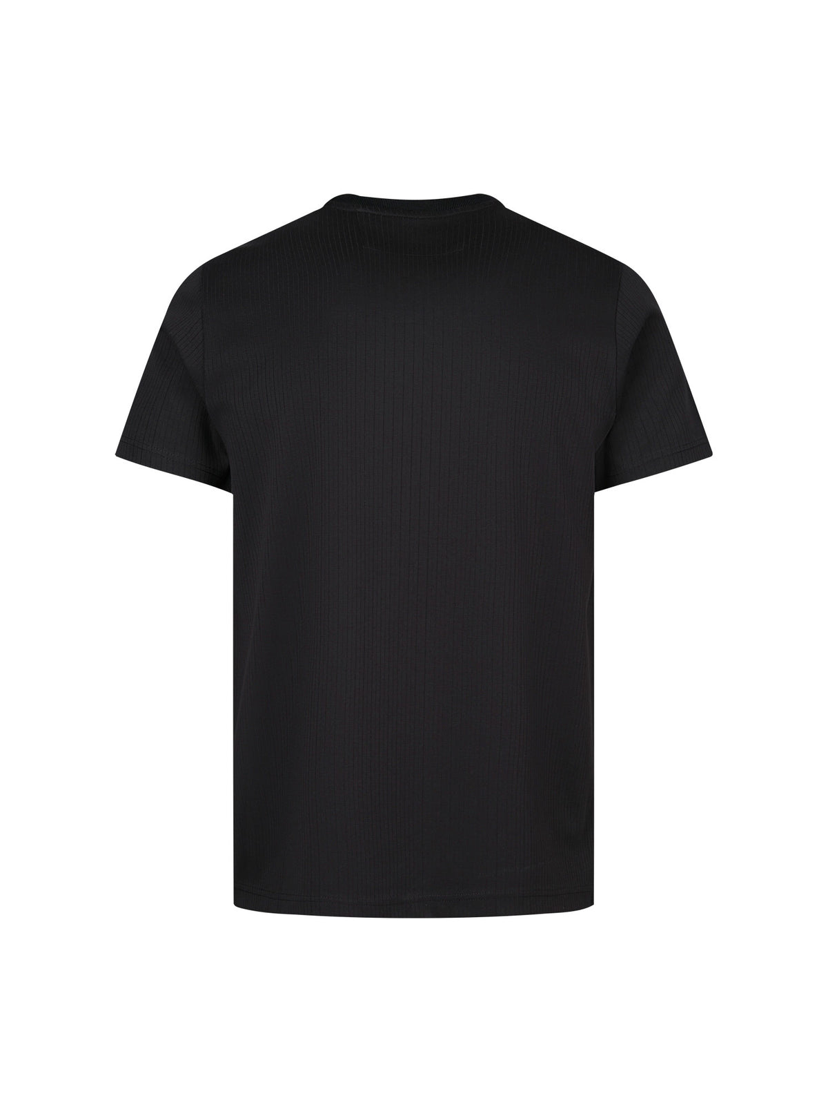 Men's black t-shirt with crew neck and short sleeves, back view
