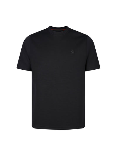 Men's black t-shirt with crew neck and short sleeves, front view