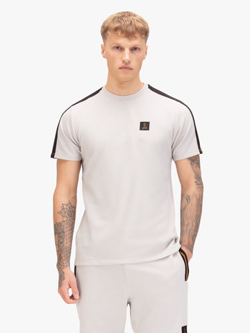 Men's grey t-shirt with crew neck and short sleeves, worn by a model, front view