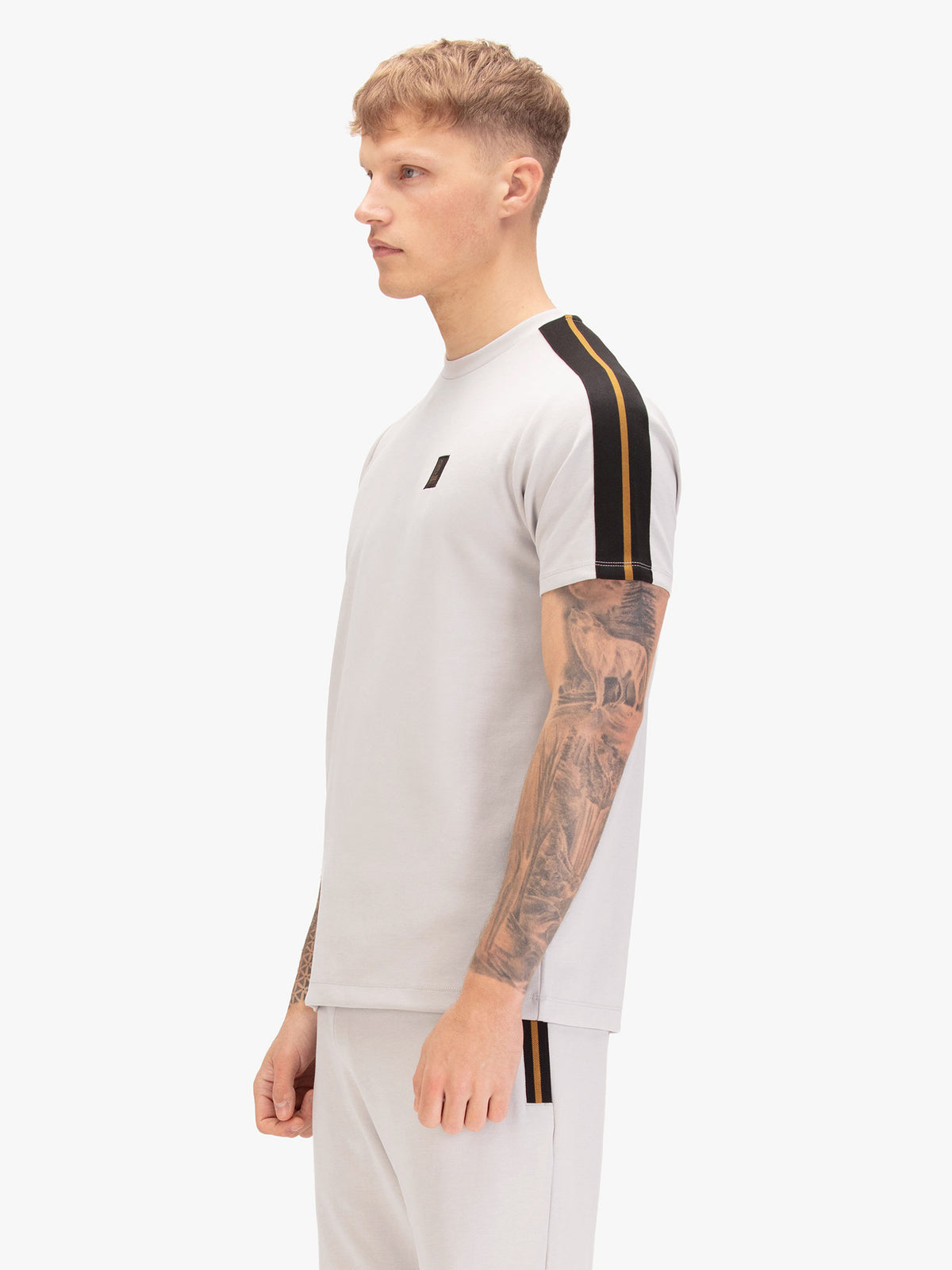 Men's grey t-shirt with crew neck and short sleeves, worn by a model, side view