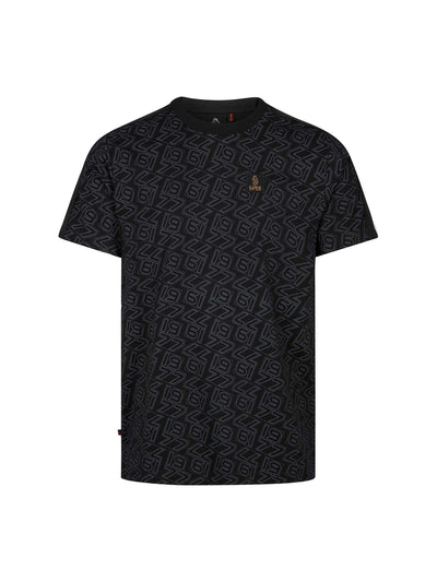 Men's black t-shirt with crew neck and short sleeves, front view