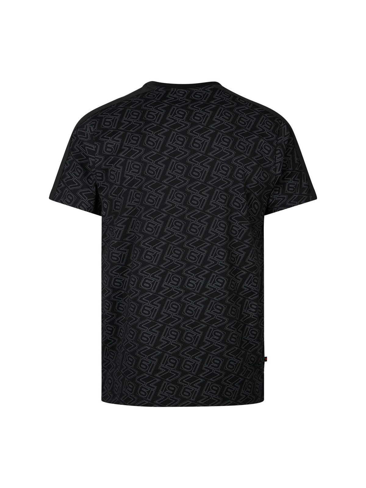 Men's black t-shirt with crew neck and short sleeves, detail view