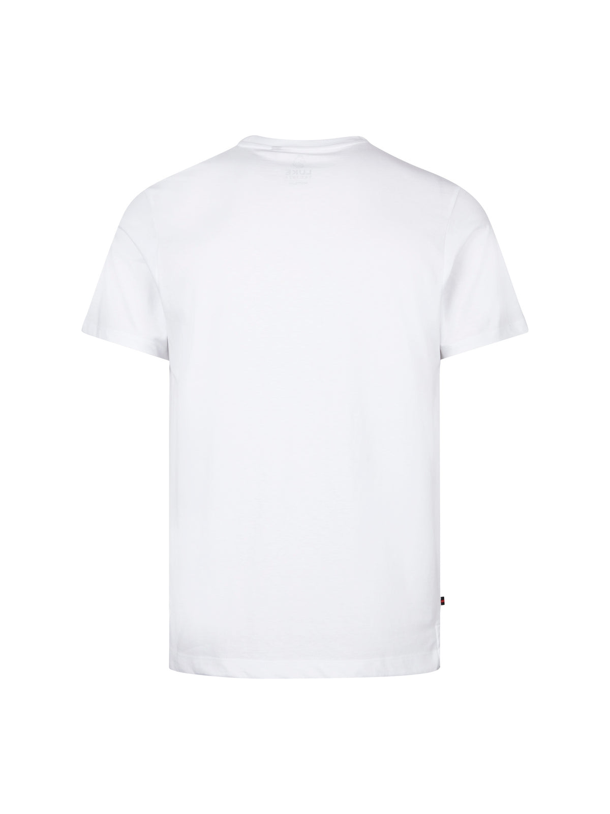 Men's white t-shirt with crew neck and short sleeves, back view