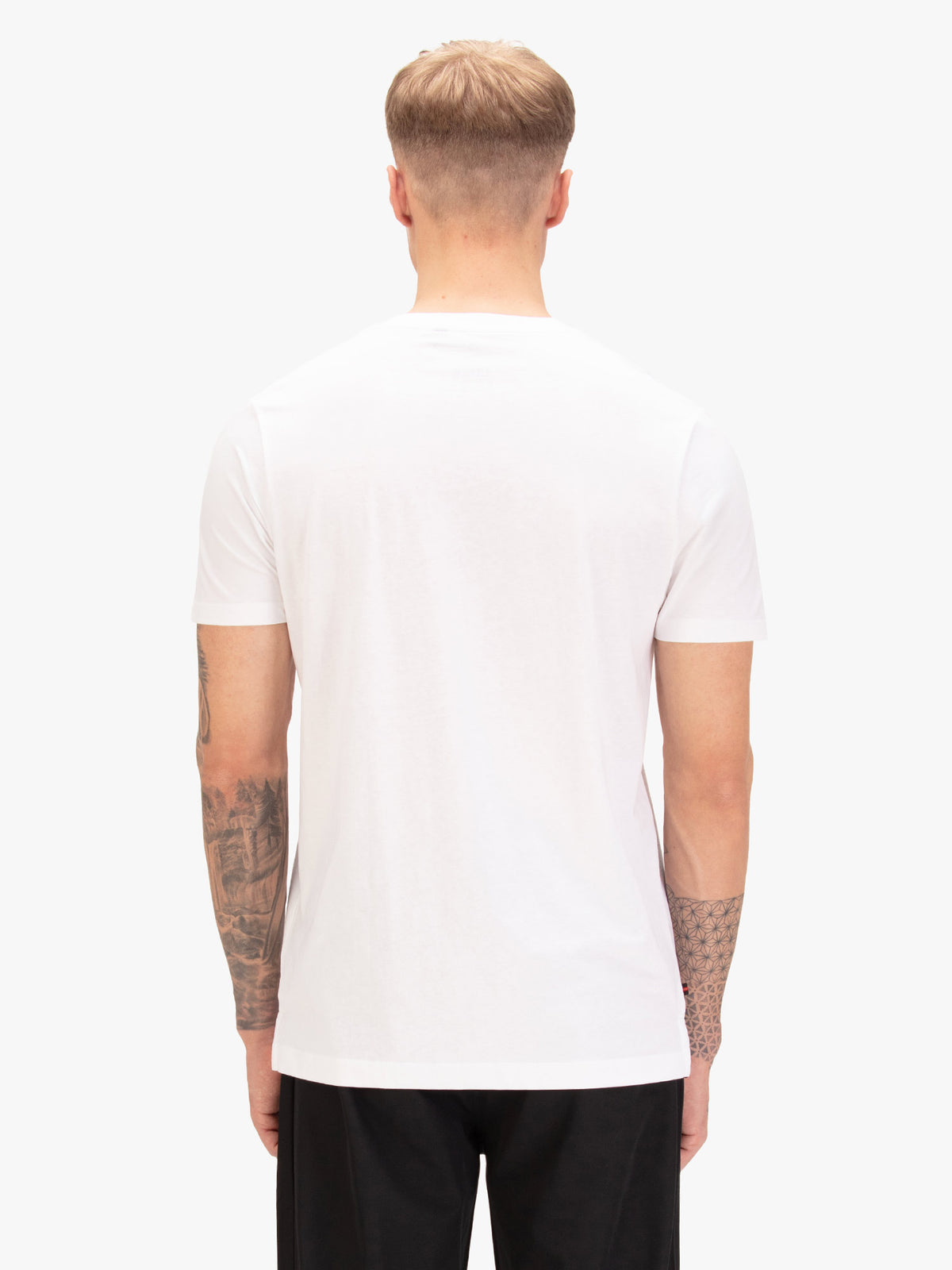 Men's white t-shirt with crew neck and short sleeves, worn by a model, back view