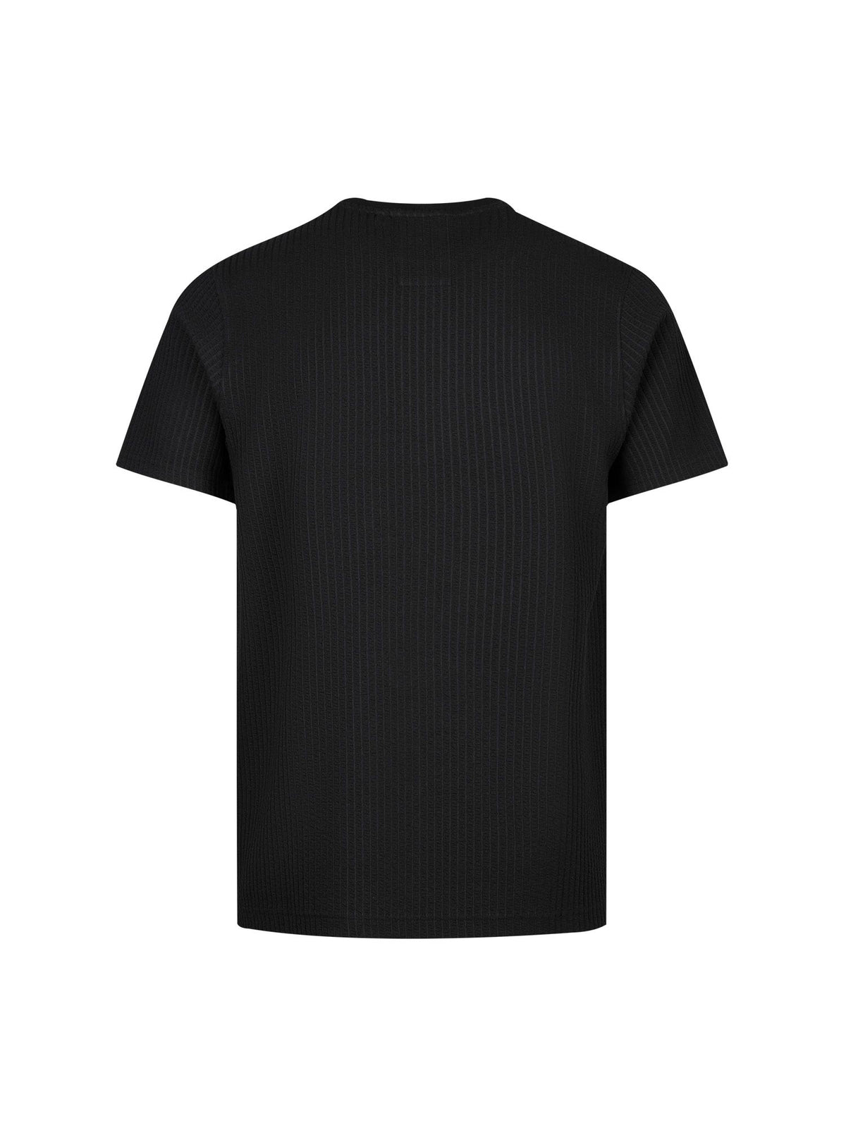 Men's black t-shirt with crew neck and short sleeves, back view