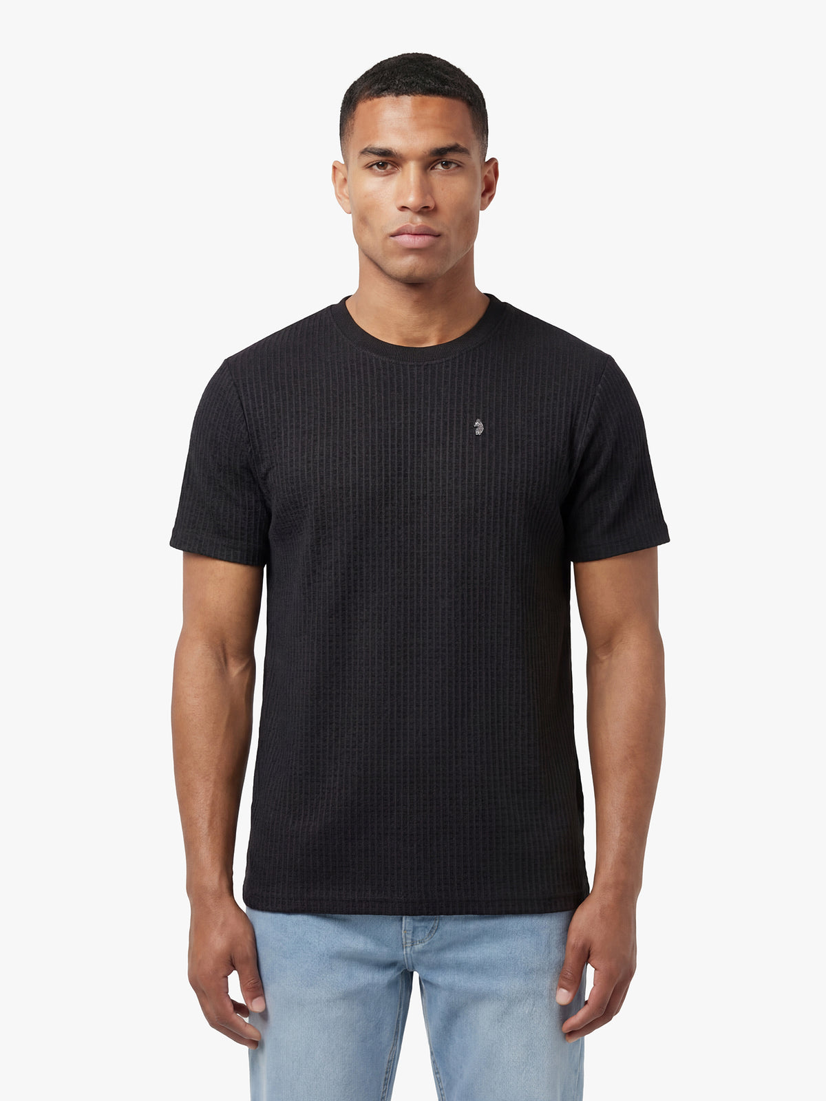 Men's black t-shirt with crew neck and short sleeves, front view