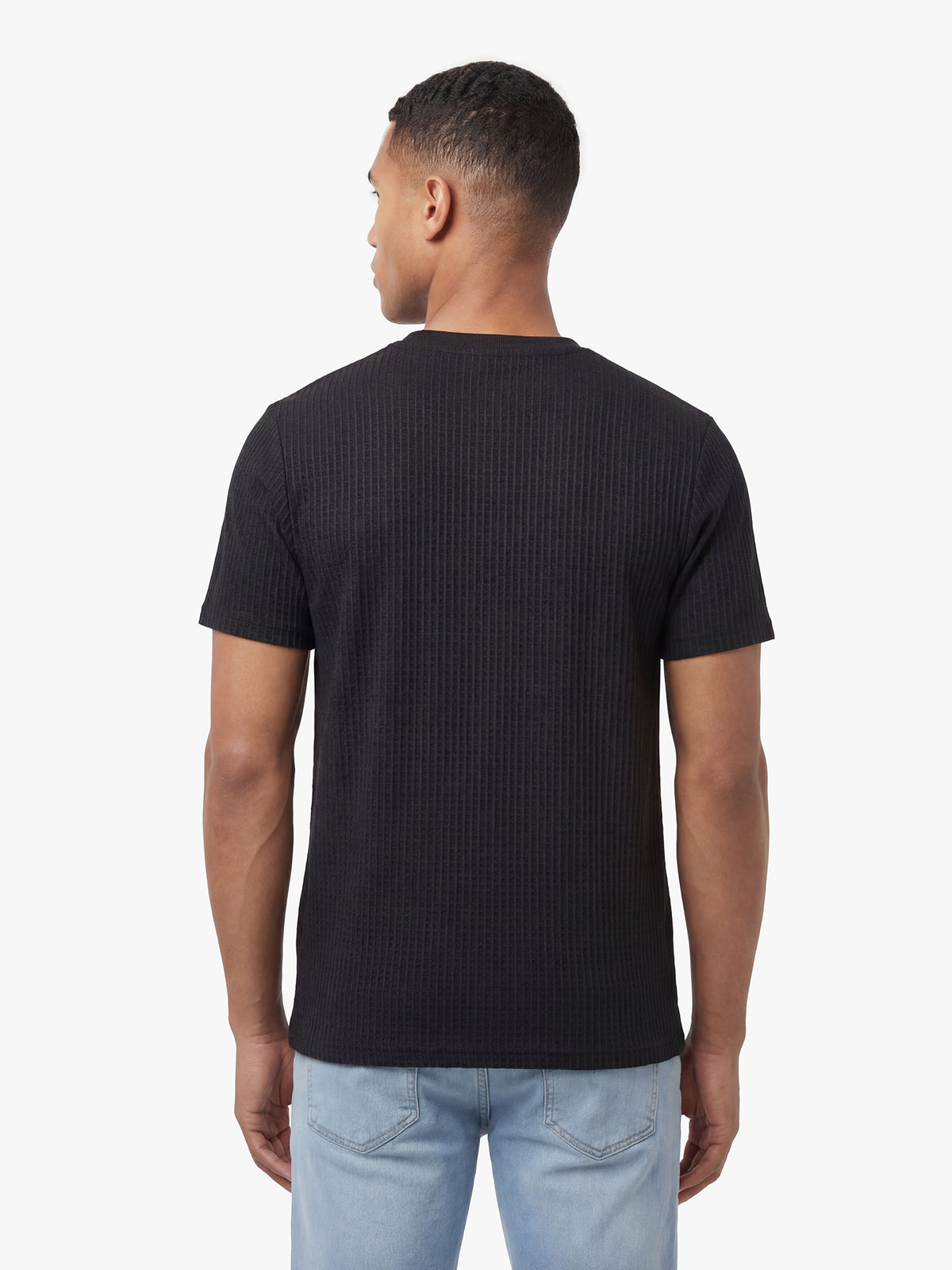 Men's black t-shirt with crew neck and short sleeves, back view