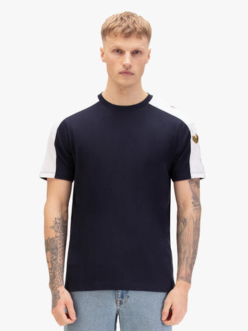 Men's navy t-shirt with crew neck and short sleeves, worn by a model, front view