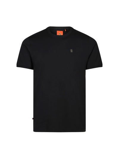 Men's black t-shirt with crew neck and short sleeves, front view