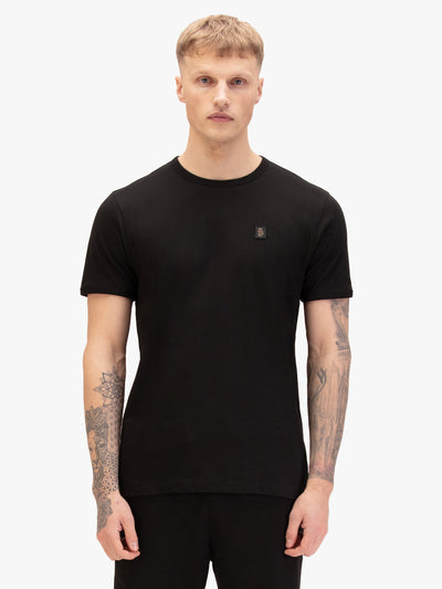 Men's black t-shirt with crew neck and short sleeves, worn by a model, front view