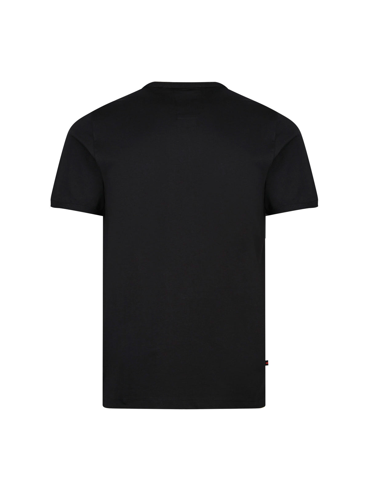 Men's black t-shirt with crew neck and short sleeves, back view