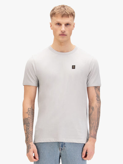 Men's grey t-shirt with crew neck and short sleeves, worn by a model, front view