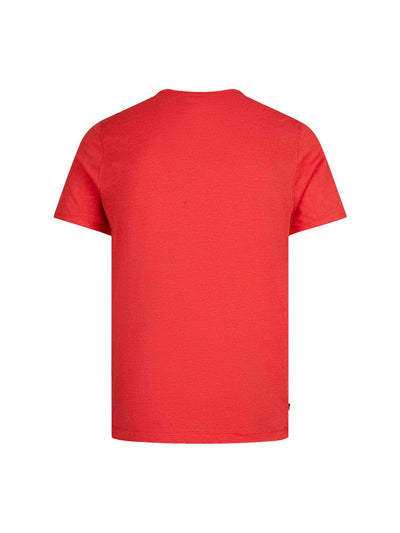 Men's red t-shirt with crew neck and short sleeves, back view