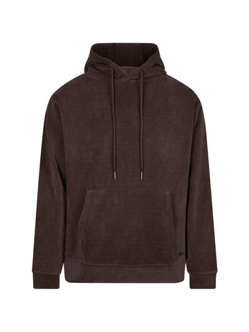 Men's relaxed-fit brown hoodie with front pocket and drawstring hood, front view