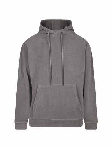 Men's relaxed-fit grey hoodie with front pocket and drawstring hood, front view