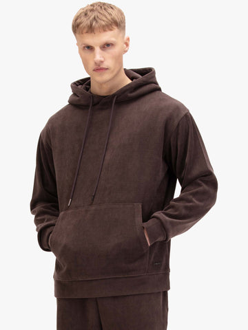 Men's relaxed-fit brown hoodie with front pocket and drawstring hood.