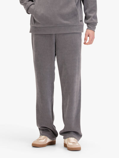 Men's straight-leg grey joggers.