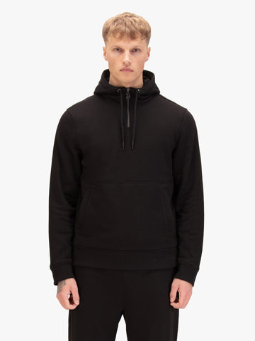 Men's slim-fit black hoodie with front pocket and drawstring hood, front view