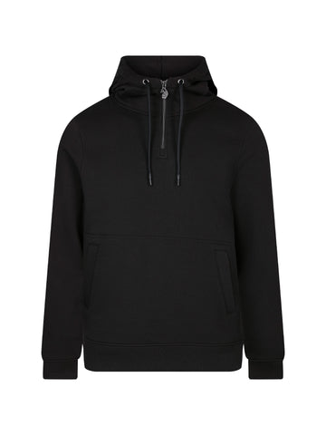 Men's slim-fit black hoodie with front pocket and drawstring hood, front view