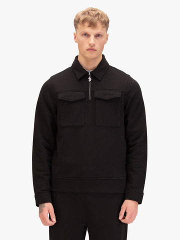 Men's slim-fit black sweatshirt with quarter-zip neck and chest pocket, front view