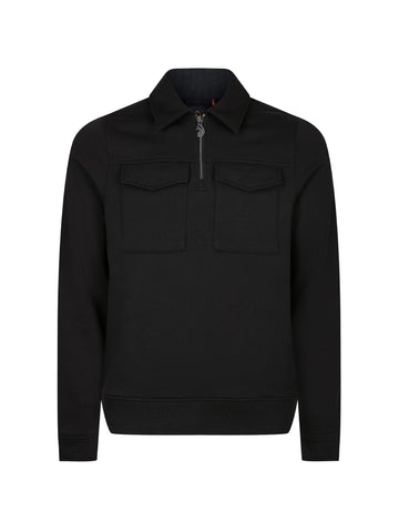 Men's slim-fit black sweatshirt with quarter-zip neck and chest pocket, front view