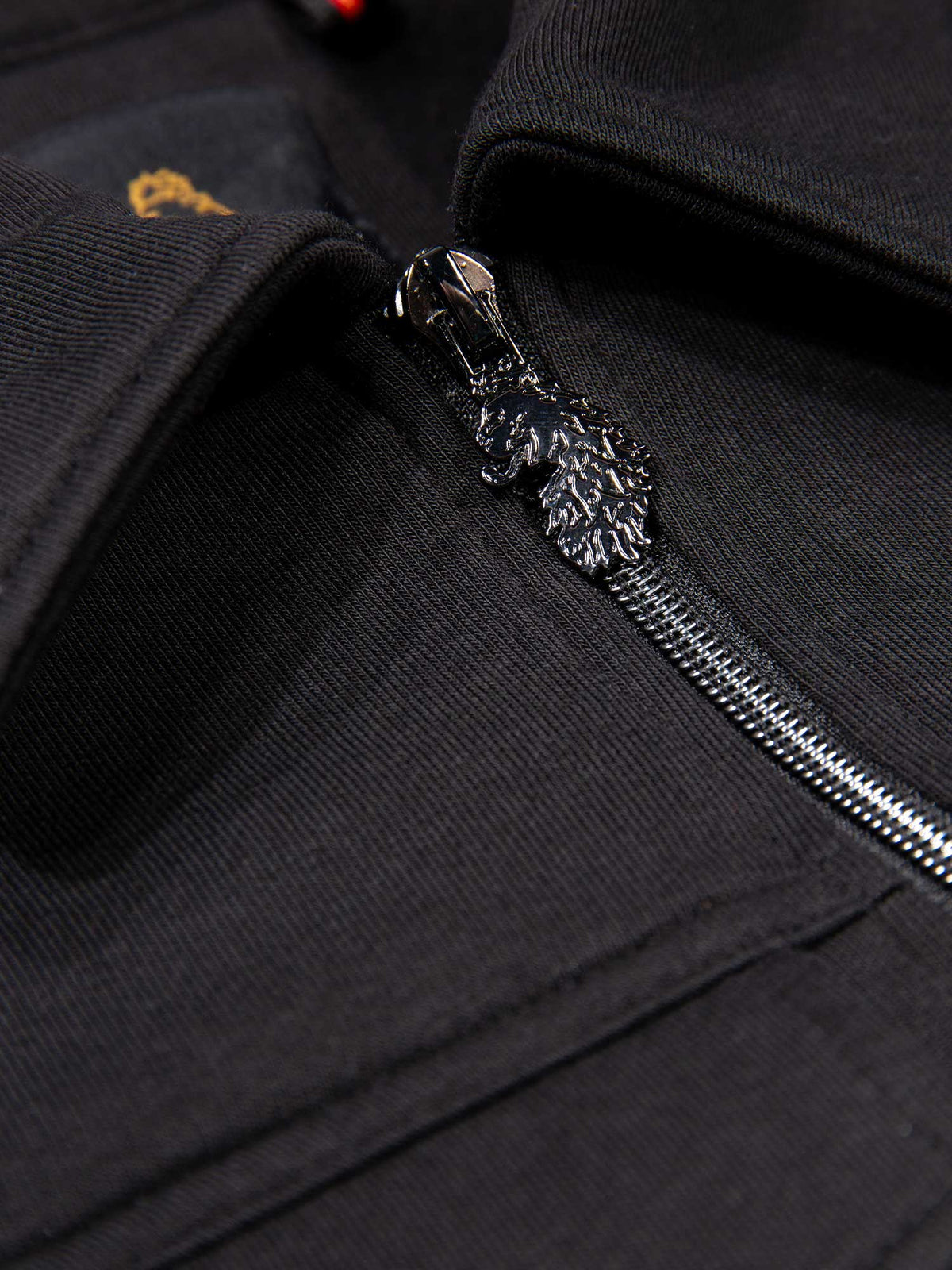 Men's slim-fit black sweatshirt with quarter-zip neck and chest pocket, detail view