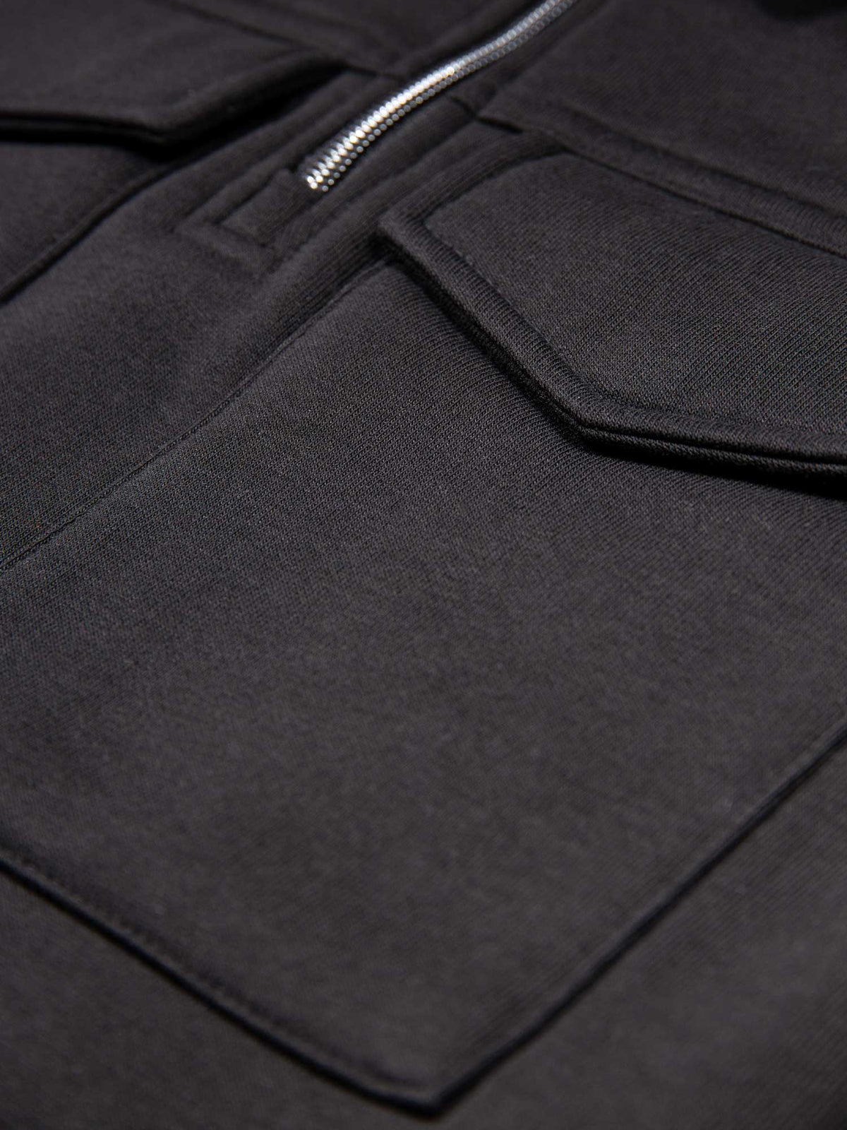 Men's slim-fit black sweatshirt with quarter-zip neck and chest pocket, detail view 2