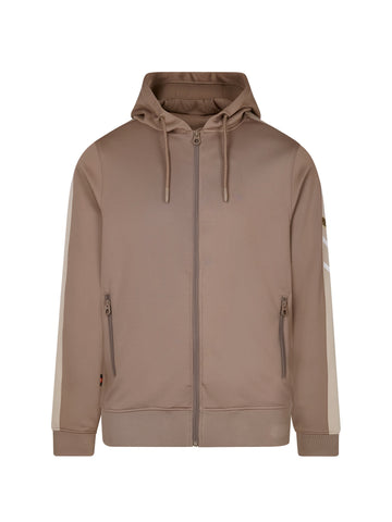 Men's brown hoodie with zip-up front and drawstring hood, front view