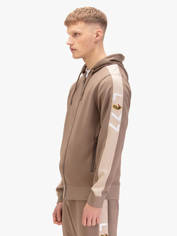Men's brown hoodie with zip-up front and drawstring hood, detail view 1